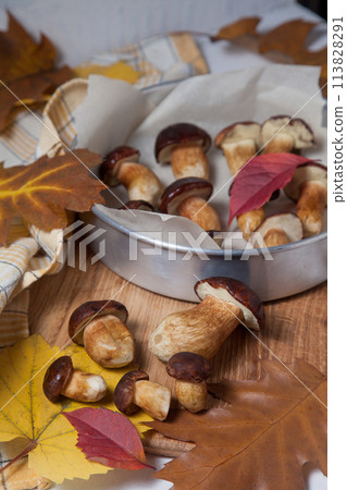 Several Imleria Badia or Boletus badius mushrooms commonly known as the bay bolete, vintage baking sheet with mushrooms on wooden cutting board.. 113828291