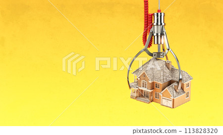 Choosing real estate and mortgage concept. Machine claw with house on yellow background. Choosing real estate and mortgage concept. Machine claw with house on yellow background. 113828320