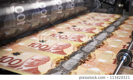 Printing money cancdian dollar bills on a print machine in typography.. Finance, tax, stock market and investment, making money concept. Printing money cancdian dollar bills on a print machine in typography.. Finance, tax, stock market and investment, making money concept. 113828321