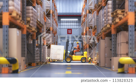 Retail warehouse full of shelves with cardboard boxes and packages. Logistics, storage, and delivery industrial background. Retail warehouse full of shelves with cardboard boxes and packages. Logistics, storage, and delivery industrial background. 113828323