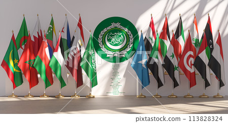 Arab League union meeting concept. The national flags of countries members of Arab League with its symbol. Arab League union meeting concept. The national flags of countries members of Arab League with its symbol. 113828324