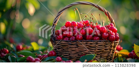 Basket of Cherries in Grass 113828398