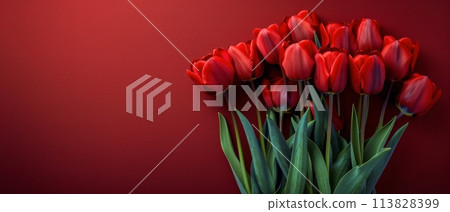 Bouquet of Red Tulips on Red Background 113828399