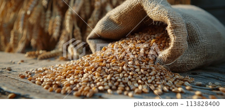 Bag of Corn on Wooden Table 113828400