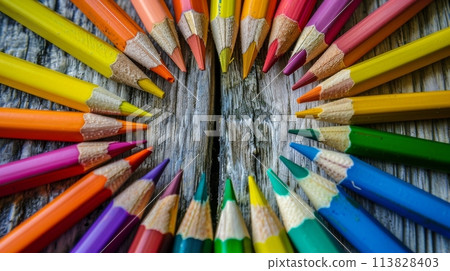 Circle of Colored Pencils on Wooden Table 113828403