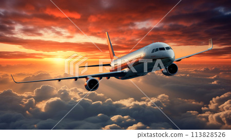 Commercial large passenger jet airplane flying through the clouds in the sky at sunset. Travel background and wide aerial poster. Generative AI 113828526