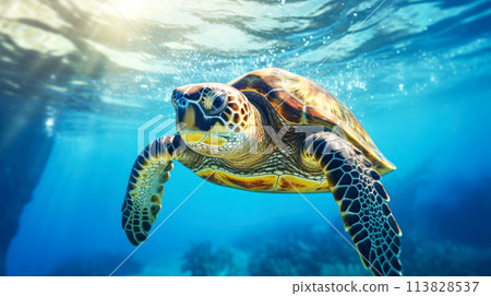 Green sea turtle swimming gracefully through crystal clear ocean waters. Under water close up view of sea turtle in nature tropical ocean. Caribbean, Cayman Islands and Hawaii. Generative AI Green sea turtle swimming gracefully through crystal clear ocean waters. Under water close up view of sea turtle in nature tropical ocean. Caribbean, Cayman Islands and Hawaii. Generative AI 113828537