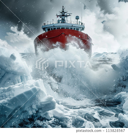 close-up of an icebreaker breaking through the ice of a frozen sea 113828567