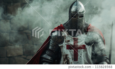 Portrait of Medieval crusader Warrior with armour and red cross. Cloud smoke on Background 113828568