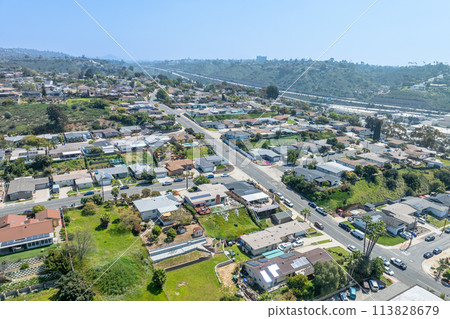 Aerial view of house in San Diego suburb, California, USA 113828679