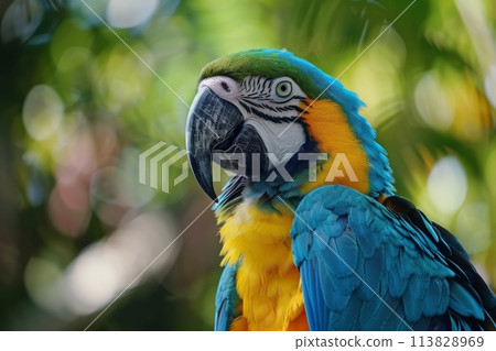 Blue and Yellow Parrot Perched on a Tree 113828969
