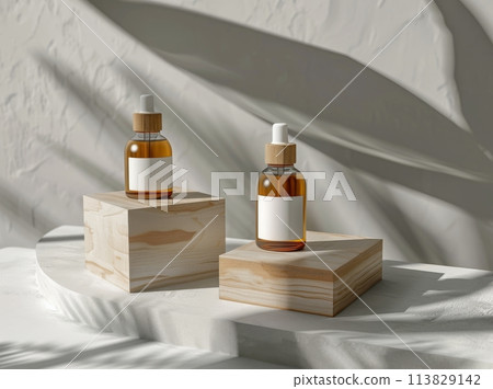 Three Bottles of Perfume on Wooden Block 113829142