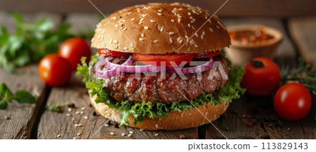 Hamburger With Tomatoes and Lettuce on Wooden Table 113829143