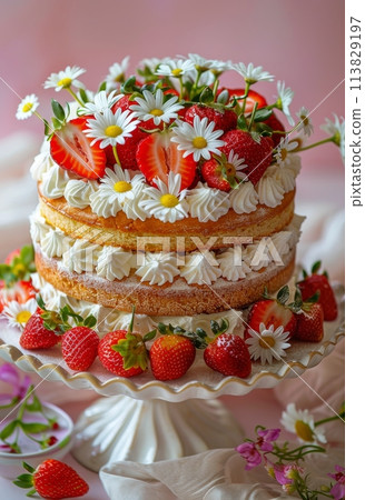 Cake With Strawberries and Daisies on Table Cake With Strawberries and Daisies on Table 113829197