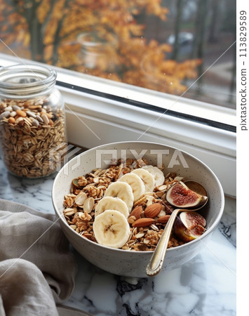 Bowl of Granola With Sliced Bananas and Figs 113829589