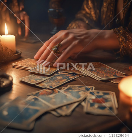 Tarot reader chooses Tarot cards. Fortune teller reads cards Tarot reader chooses Tarot cards. Fortune teller reads cards 113829664