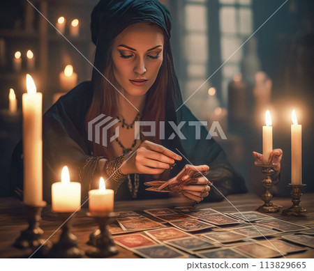 Tarot reader chooses Tarot cards. Fortune teller reads cards 113829665