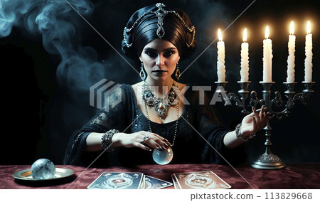 Tarot reader chooses Tarot cards. Fortune teller reads cards Tarot reader chooses Tarot cards. Fortune teller reads cards 113829668