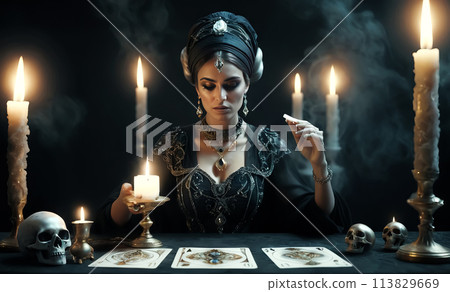 Tarot reader chooses Tarot cards. Fortune teller reads cards Tarot reader chooses Tarot cards. Fortune teller reads cards 113829669