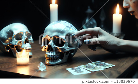 Tarot reader chooses Tarot cards. Fortune teller reads cards Tarot reader chooses Tarot cards. Fortune teller reads cards 113829670