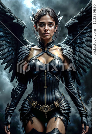 Portrait of a beautiful attractive black fallen angel on a dark background 113829680