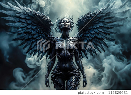 Portrait of a beautiful attractive black fallen angel on a dark background Portrait of a beautiful attractive black fallen angel on a dark background 113829681