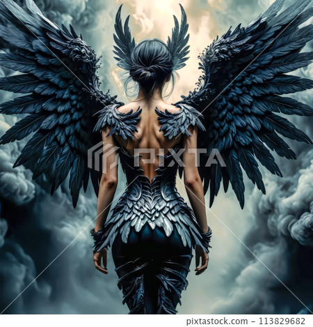 Portrait of a beautiful attractive black fallen angel on a dark background 113829682