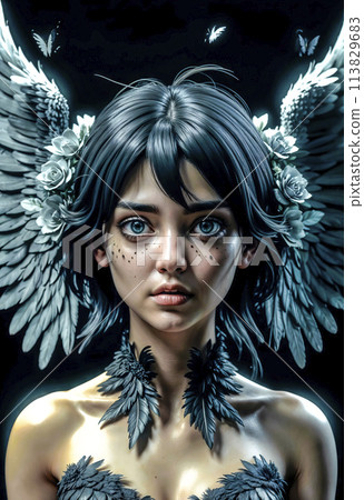 Portrait of a beautiful attractive black fallen angel on a dark background 113829683