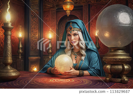 A beautiful mysterious fortune teller with piercing eyes predicts fate on a magic ball 113829687