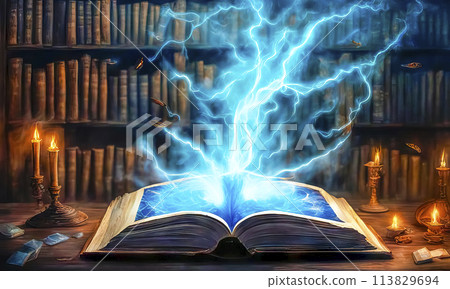 A magic book from the wizard's room, an ancient grimoire for spells A magic book from the wizard's room, an ancient grimoire for spells 113829694