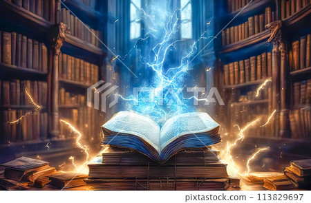 A magic book from the wizard's room, an ancient grimoire for spells A magic book from the wizard's room, an ancient grimoire for spells 113829697