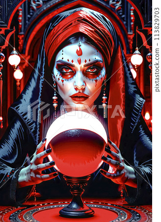 A beautiful mysterious fortune teller with piercing eyes predicts fate on a magic ball 113829703