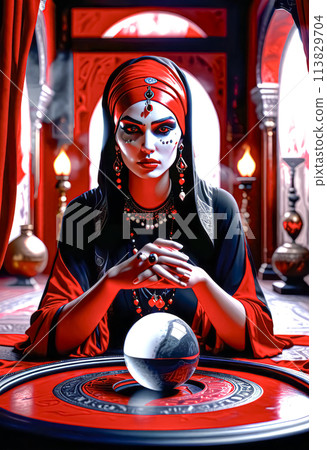 A beautiful mysterious fortune teller with piercing eyes predicts fate on a magic ball A beautiful mysterious fortune teller with piercing eyes predicts fate on a magic ball 113829704