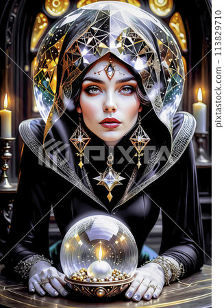 A beautiful mysterious fortune teller with piercing eyes predicts fate on a magic ball 113829710