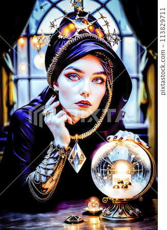 A beautiful mysterious fortune teller with piercing eyes predicts fate on a magic ball 113829711