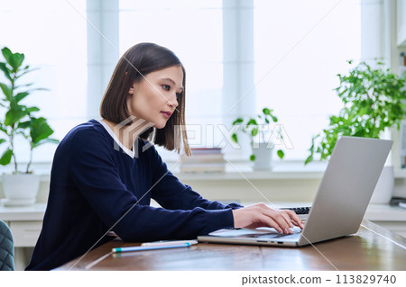 Young female using computer laptop for studying working Young female using computer laptop for studying working 113829740