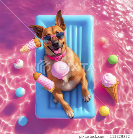 Happy dog on holiday in the pool. Cute dog swimming on a mattress in the pool 113829822