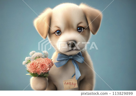 A cute touching dog asks for forgiveness and an apology. A charming dog with a sign SORRY 113829899