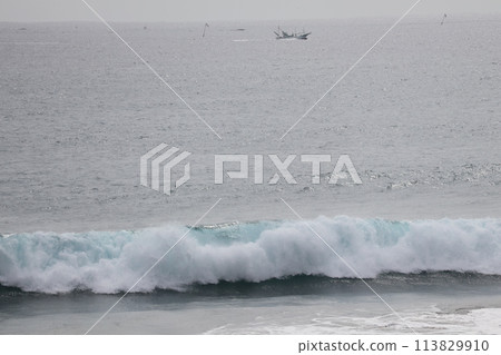 沙質河岸的風景,白色泡沫的波浪拍打著它,大海上的漁船清晰可見,地平線和多雲的天空。 沙質河岸的風景,白色泡沫的波浪拍打著它,大海上的漁船清晰可見,地平線和多雲的天空。 113829910