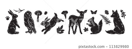 Forest animal linocut icon set, vector nature wooden fauna print, cute rabbit silhouette, baby deer. 113829980