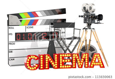 Movie camera, film reel, chair, megaphone and digital clapperboard with cinema signboard. Cinema concept, 3D rendering 113830063