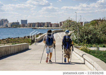 Couple of middle-aged women hiking together along path along beach, rear view 113830248