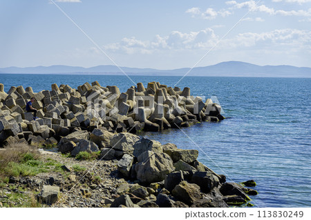 Sea landscape with concrete tetrapod breakwater stones piled up in wave breaker to protect 113830249