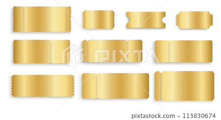 Set of gold ticket mockups. Shining metallic raffle, win lottery, coupon offer, jackpot lotto templates. Entrance or seating cards in luxury style isolated on white background. Vector illustration Set of gold ticket mockups. Shining metallic raffle, win lottery, coupon offer, jackpot lotto templates. Entrance or seating cards in luxury style isolated on white background. Vector illustration 113830674