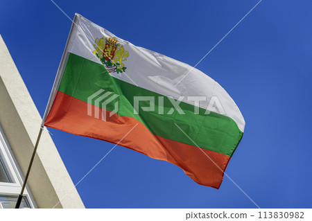 National flag of Bulgaria on building waving on the sky National flag of Bulgaria on building waving on the sky 113830982