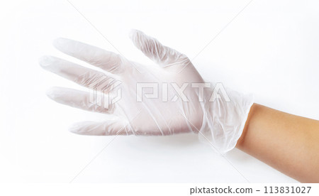 手戴著白色半透明一次性橡膠手套 手戴著白色半透明一次性橡膠手套 113831027