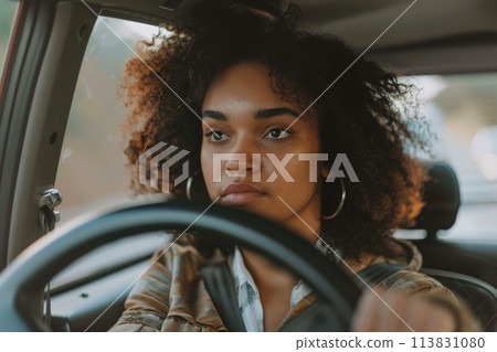 Elegant woman driving a car, exuding confidence and independence with a strong, focused gaze 113831080