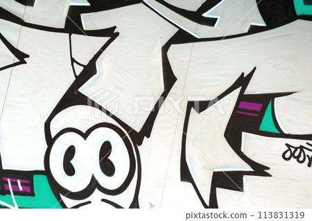 Colorful background of graffiti painting artwork with bright aerosol outlines on wall. Old school street art piece made with aerosol spray paint cans. Contemporary youth culture backdrop 113831319
