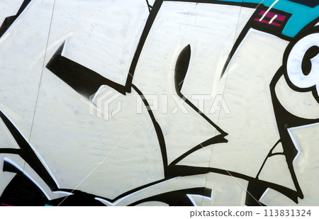 Colorful background of graffiti painting artwork with bright aerosol outlines on wall. Old school street art piece made with aerosol spray paint cans. Contemporary youth culture backdrop 113831324