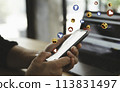 Young man use mobile smartphone.Man's hand hold smartphone play social media with communication icon.network,media, communication icon,Digital Web,Photo concept of Social media and Technology. 113831497